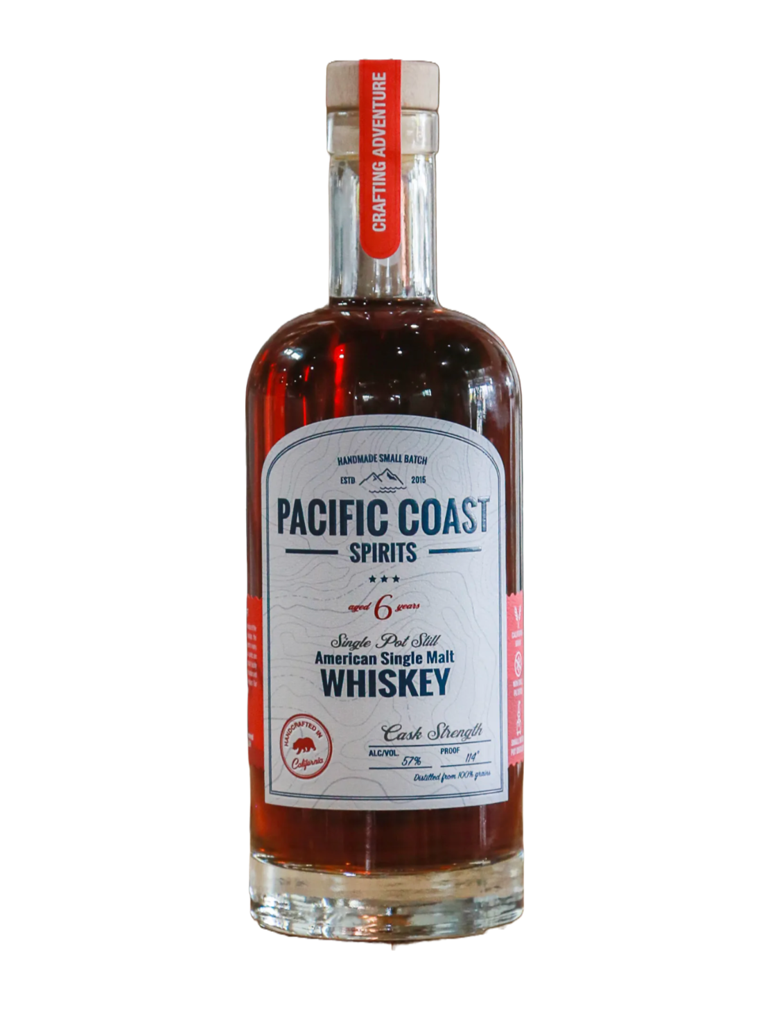 An elegant bottle of Pacific Coast Spirits American Single Malt Whiskey in front of a white background