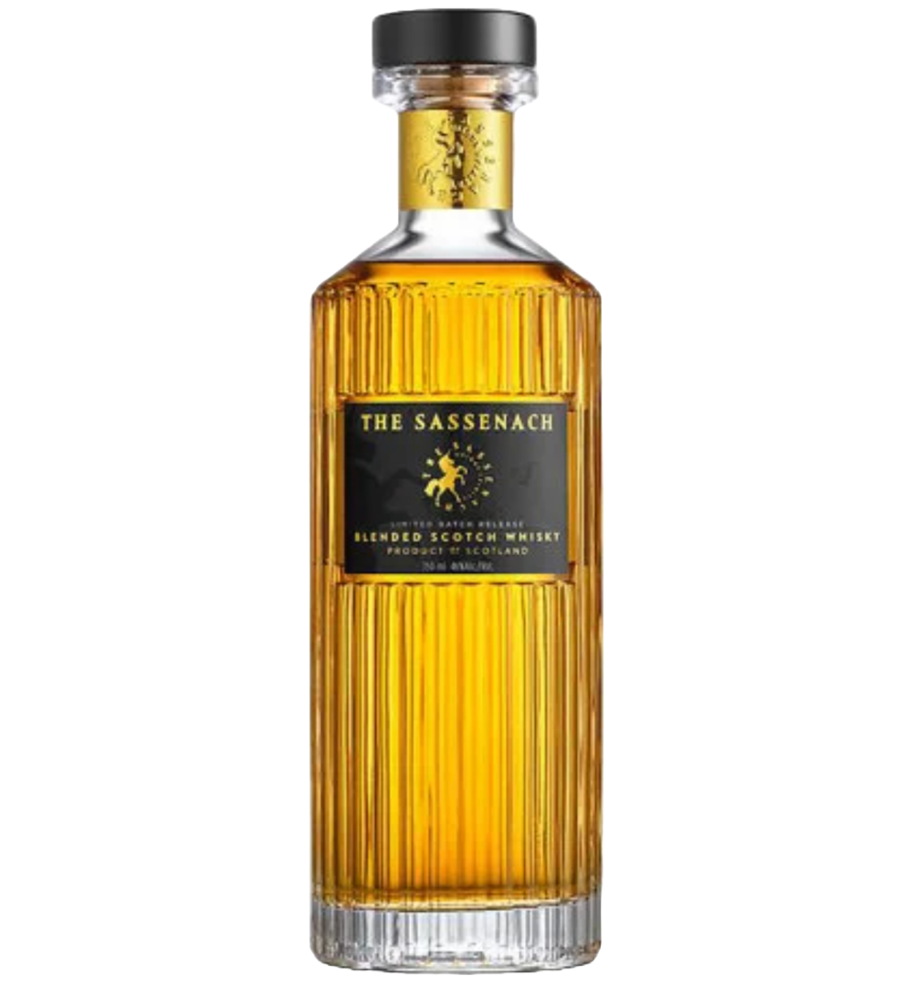 Elegant bottle of Sassenach Blended Scotch Whiskey in front of a translucent background