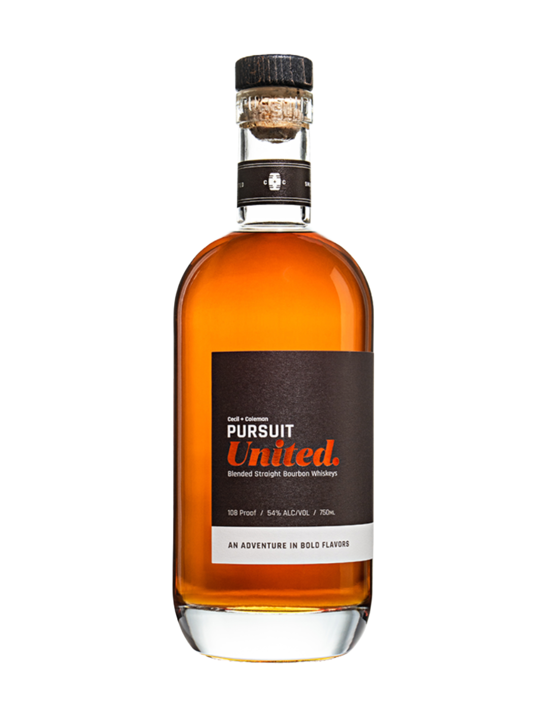 An elegant bottle of Pursuit United Straight Bourbon in front of a plain white background