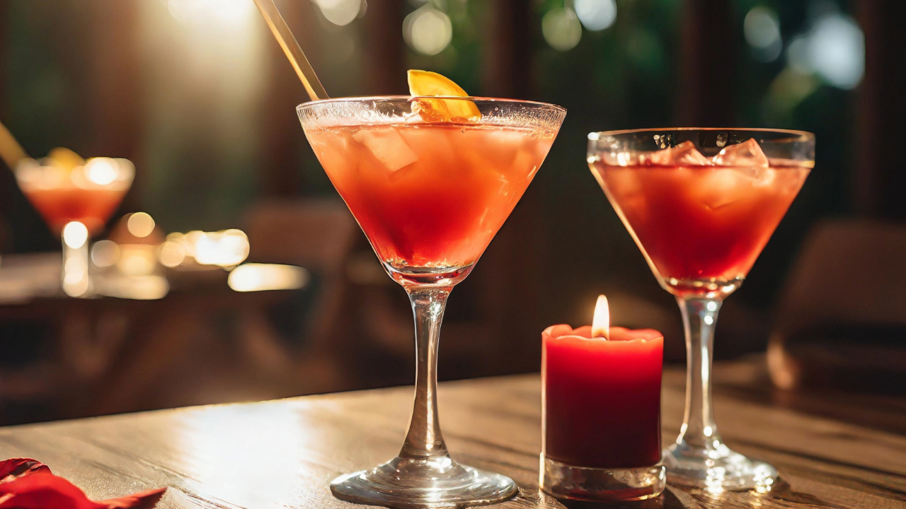 Two professional, romantic cocktails in a high-end bar next to a candle
