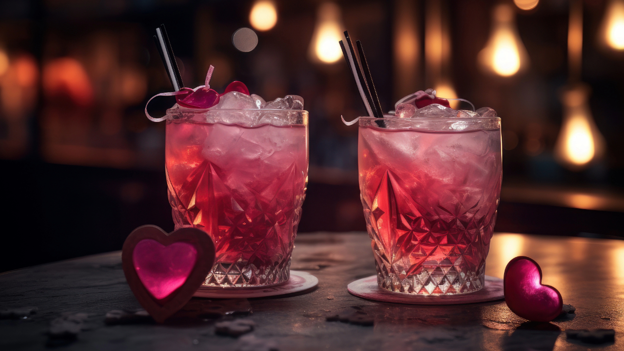 Two pink, romantic cocktails with pinks hearts next to them in a classy bar
