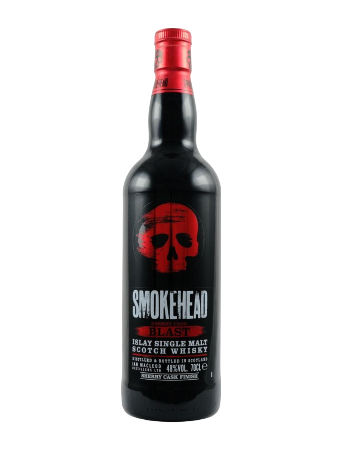 An elegant bottle of Smokehead Sherry Cask Blast Islay Single Malt Whisky in front of a plain white background