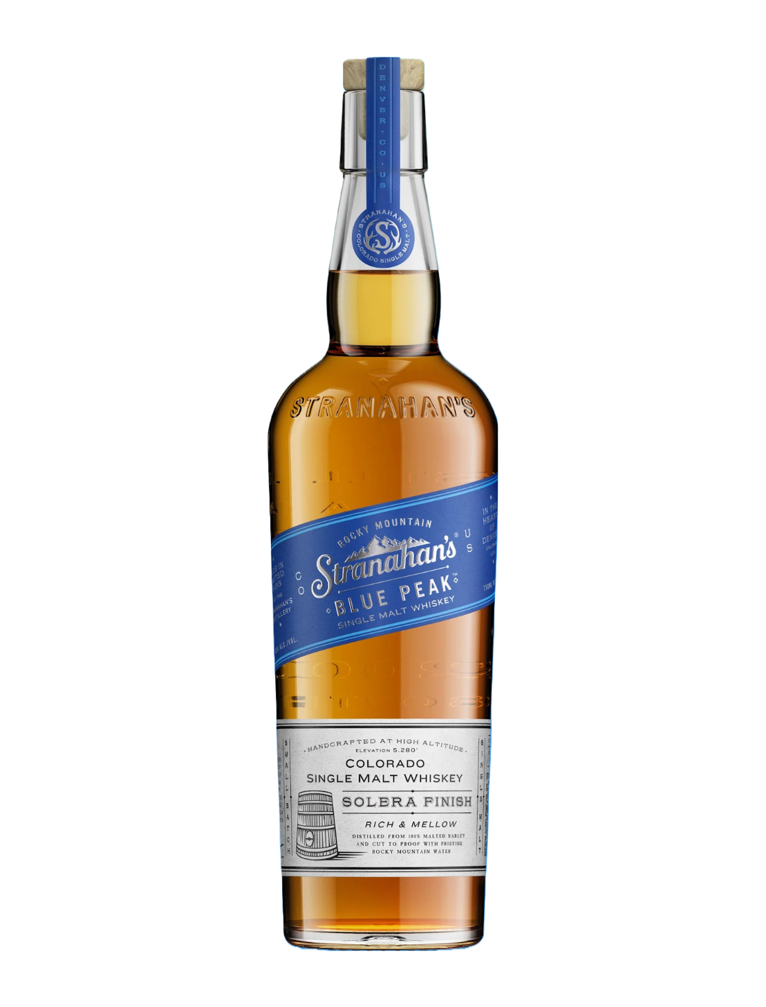 An elegant bottle of Stranahan's Blue Peak with a blue label in front of a white background.