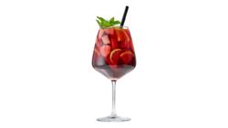 A romantic strawberry sangria drink in front of a plain, transparent background