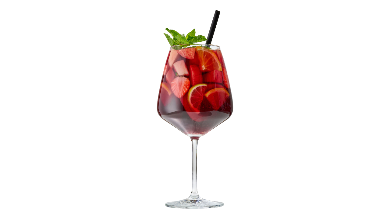 A romantic strawberry sangria drink in front of a plain, transparent background