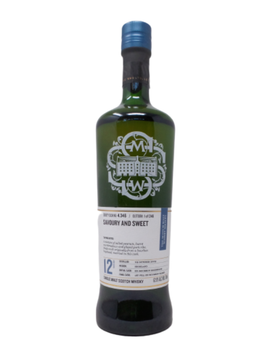 An elegant bottle of The Scotch Malt Whisky Society Cask No. 4.346 in front of a plain white background