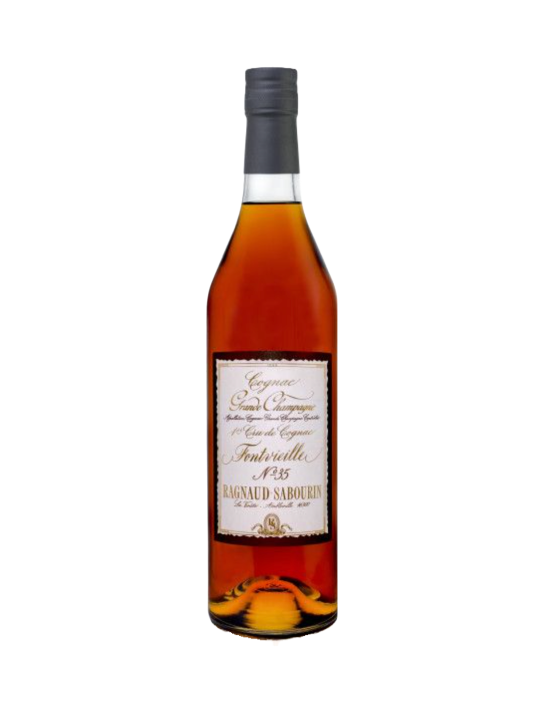 Elegant bottle of Cognac: Ragnaud-Sabourin No. 35 Fontvieille in front of a plain white background