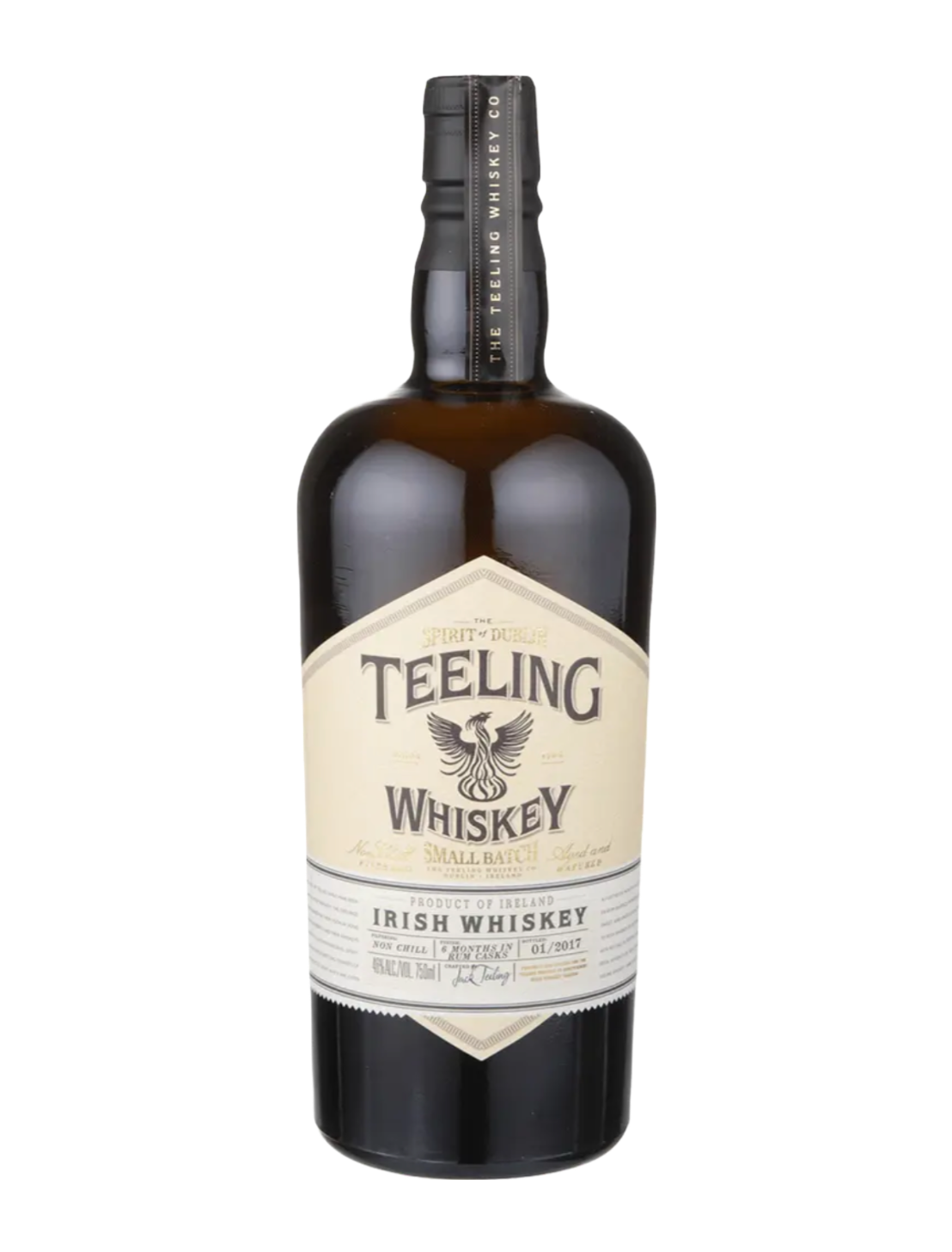 An elegant bottle of Teeling Small Batch Irish Whiskey in front of a plain white background