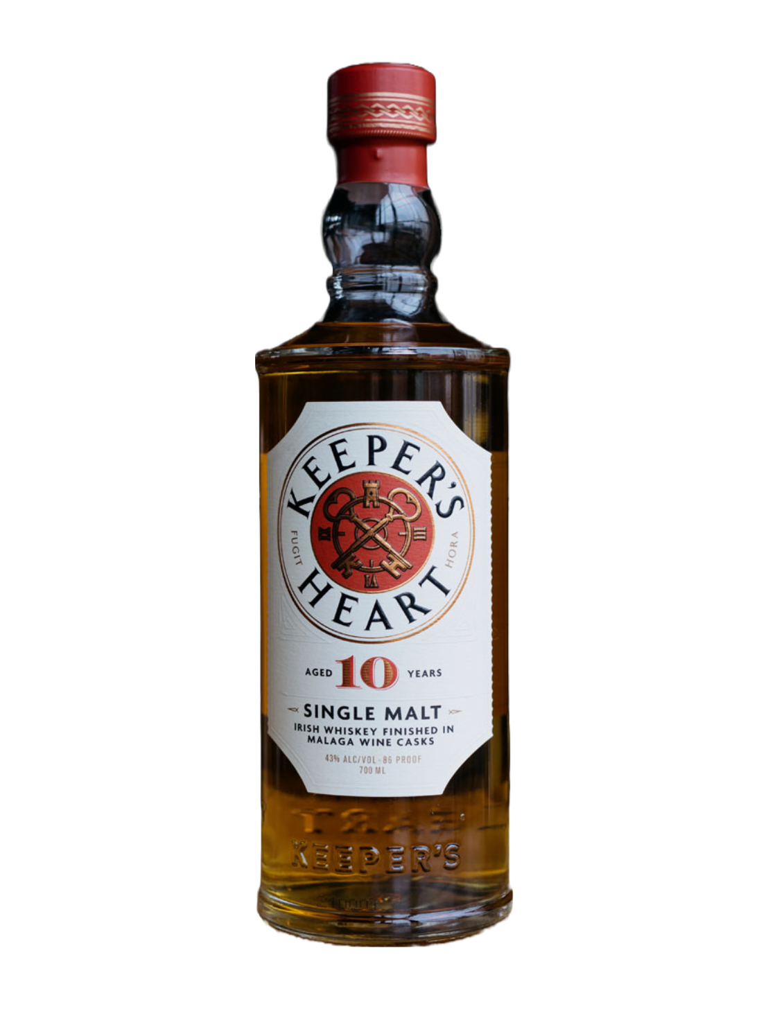 An elegant bottle of Keeper's Heart 10 Year Old Irish Single Malt Whiskey in front of a plain white background