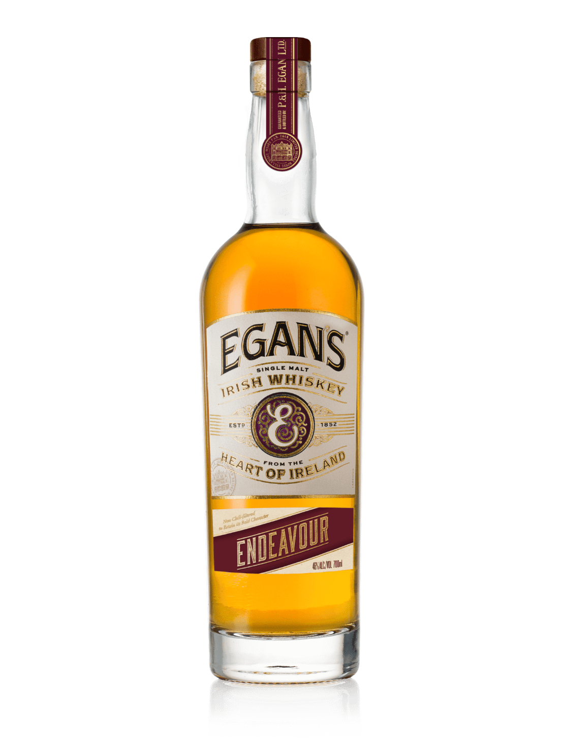 An elegant bottle of Egan's Irish Whiskey Endeavour in front of a plain white background