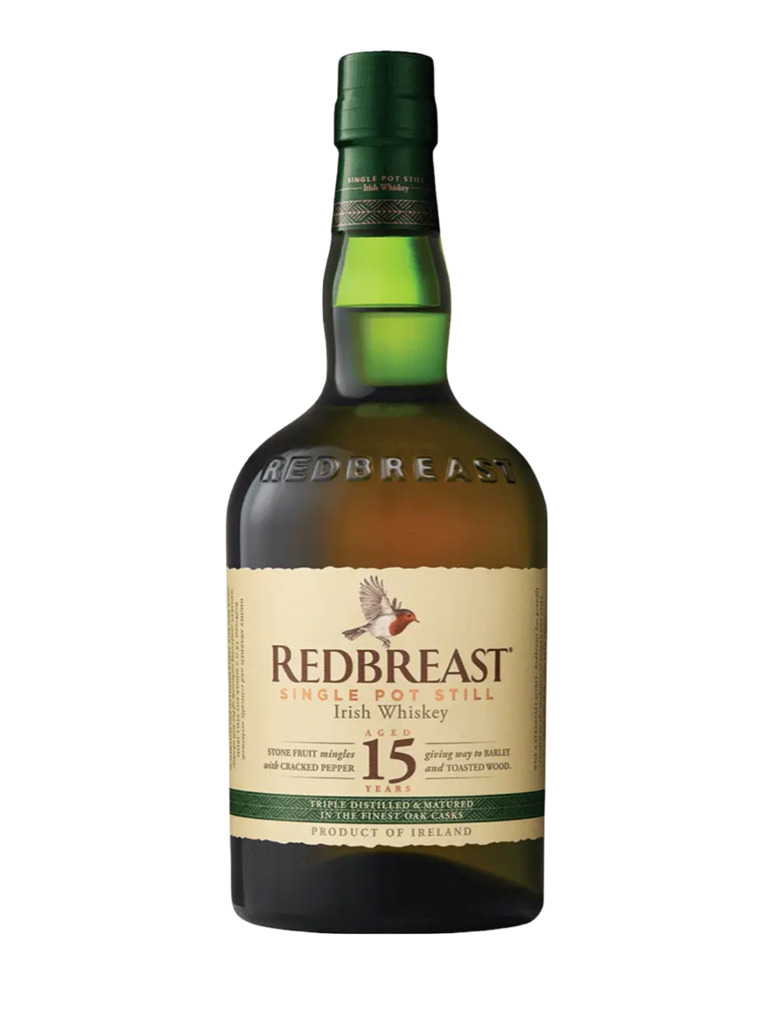 An elegant bottle of Redbreast 15 Year Old Irish Whiskey in front of a plain white background