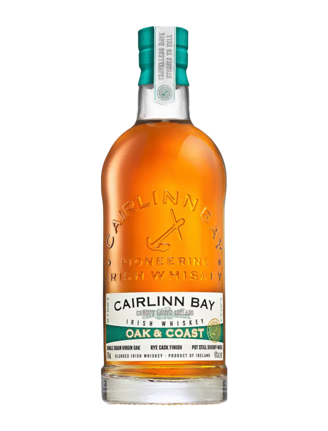 An elegant bottle of Cairlinn Bay Oak & Coast Blended Irish Whiskey in front of a plain white background