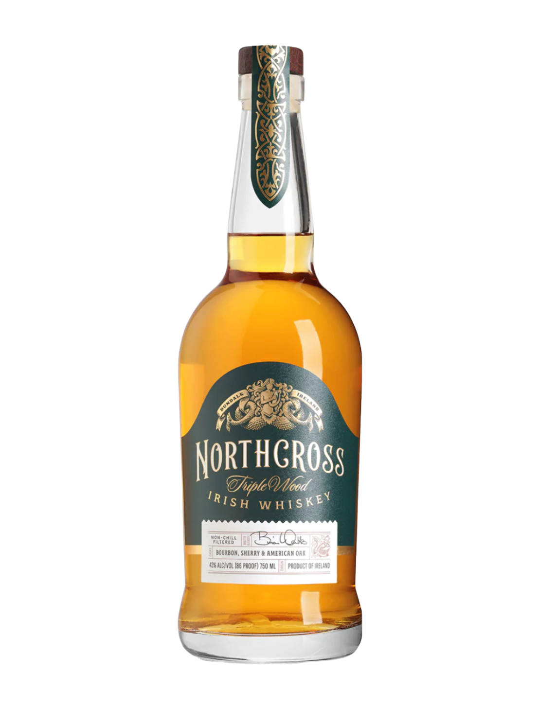 An elegant bottle of Northcross Irish Whiskey - Triple Wood in front of a plain white background