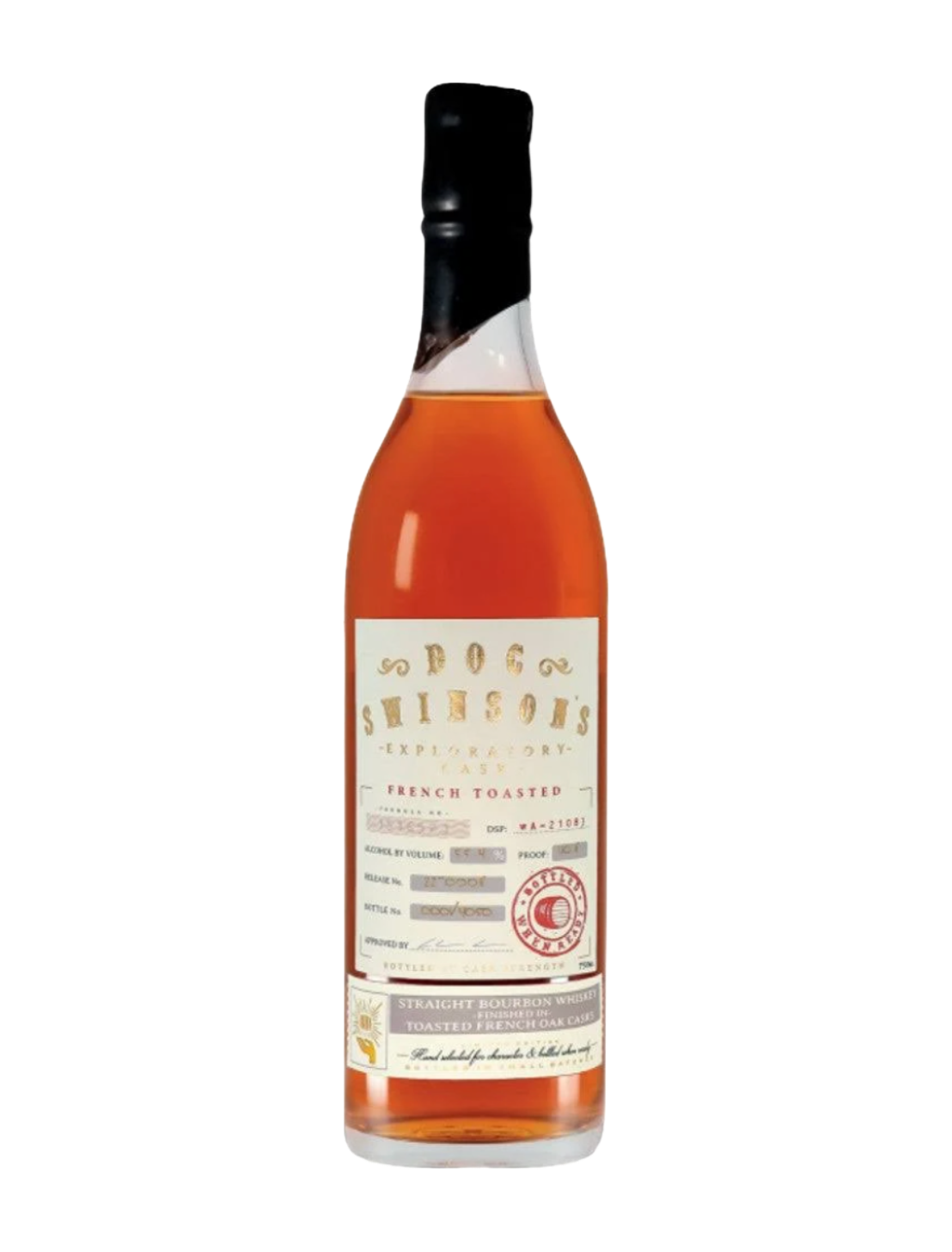 An elegant bottle of Doc Swinson's Exploratory Cask French Toasted Bourbon in front of a plain white background