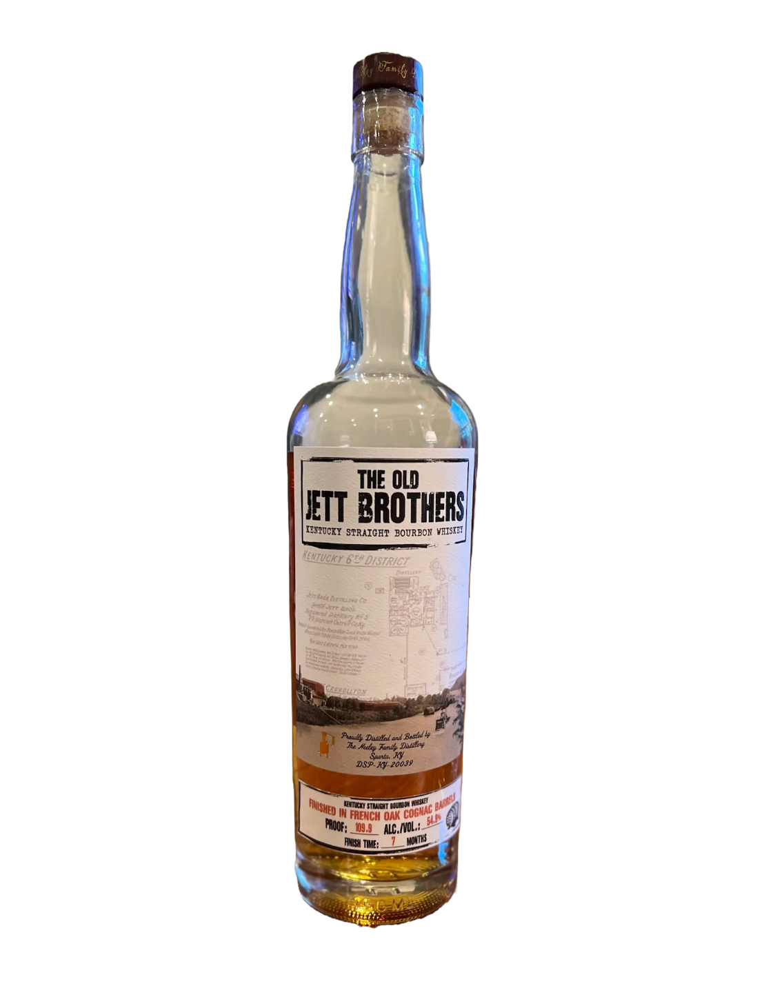 An elegant bottle of Neeley Family Distillery The Old Jett Brothers Sauternes Finished Bourbon in front of a plain white background