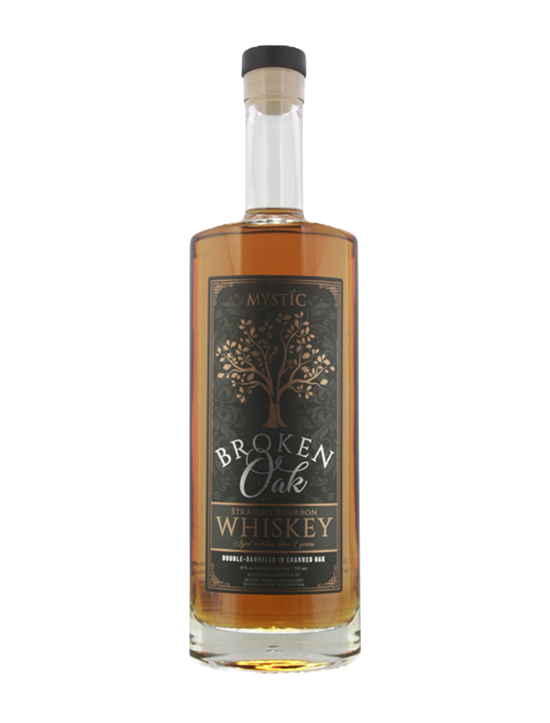 An elegant bottle of Mystic Farm & Distillery Broken Oak Small Batch Bourbon in front of a plain white background