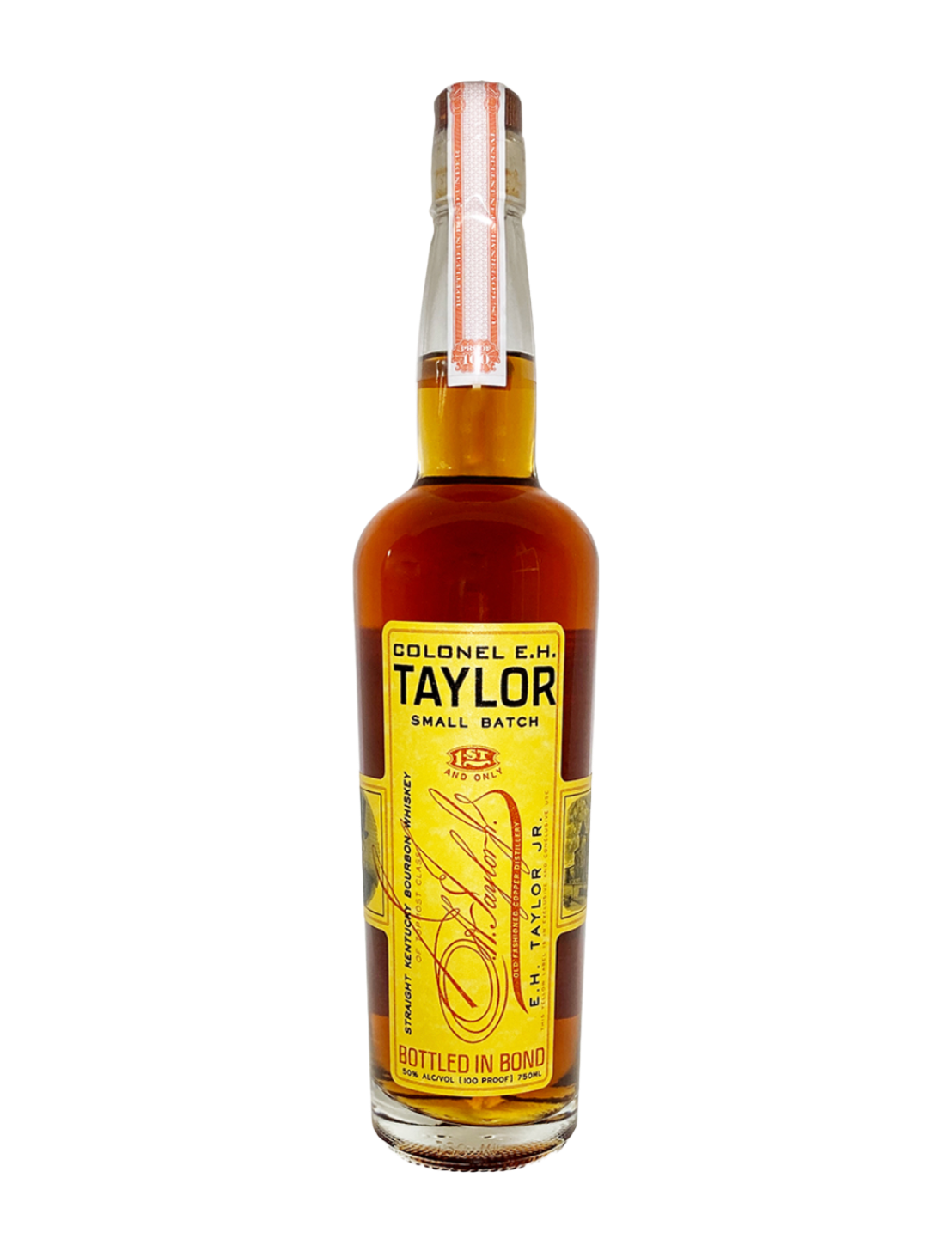 An elegant bottle of Colonel E.H. Taylor, Jr. Small Batch Kentucky Straight Bourbon Whiskey in front of a plain white background