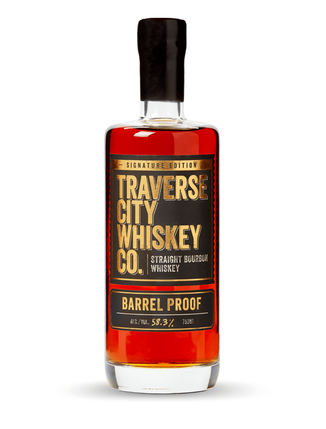 An elegant bottle of Traverse City Whiskey Barrel Proof Bourbon in front of a plain white background