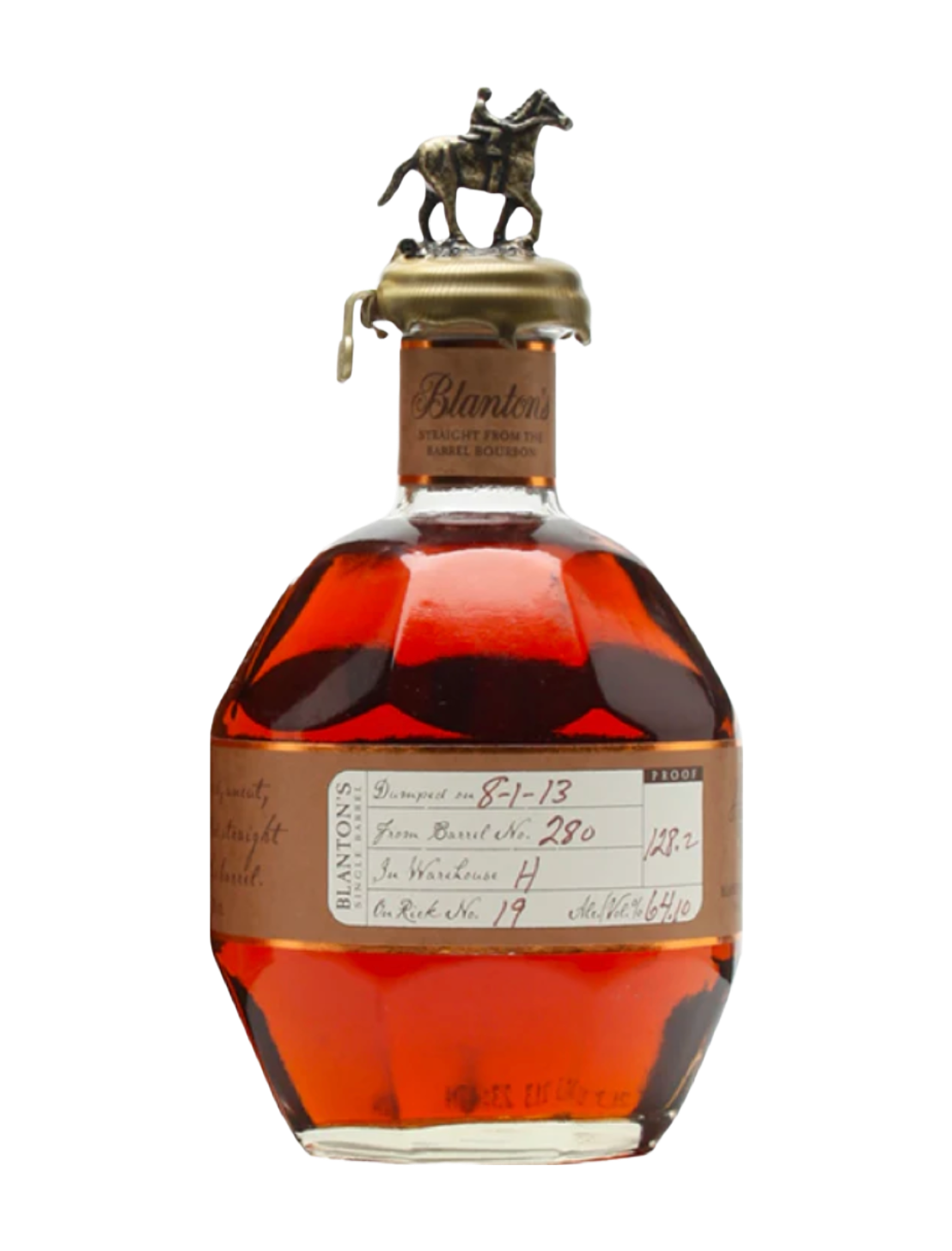 An elegant bottle of Blanton's Straight From The Barrel Single Barrel Bourbon in front of a plain white background