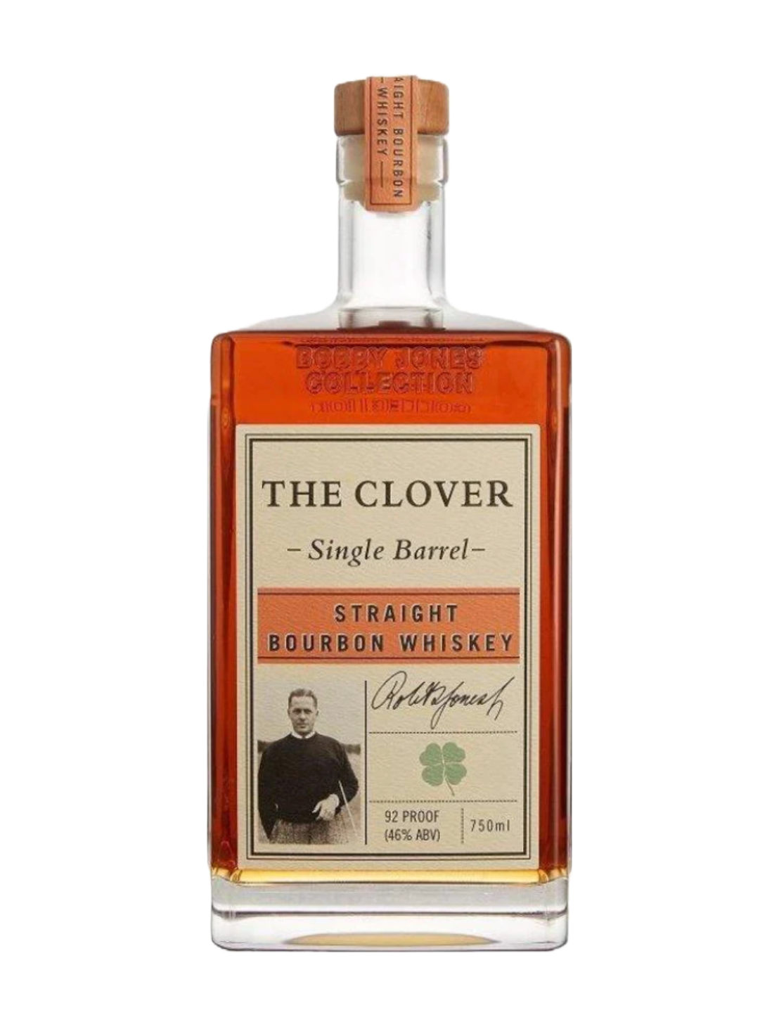 An elegant bottle of The Clover Single Barrel Bourbon in front of a plain, white background