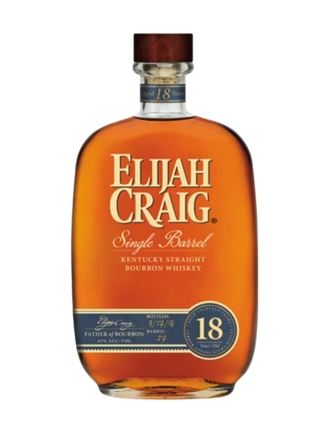 An elegant bottle of Elijah Craig 18-Year Old Single Barrel Bourbon in front of a plain white background