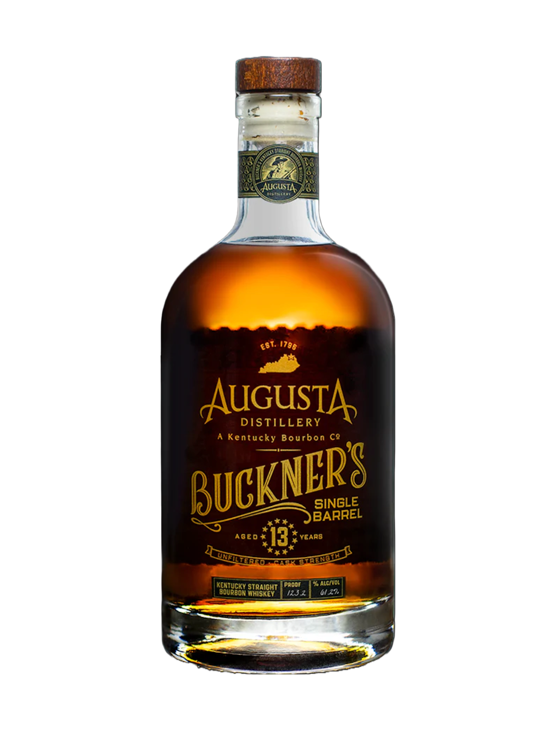 An elegant bottle of Augusta Distillery Buckner's 13 Year Single Barrel Bourbon in front of a plain white background