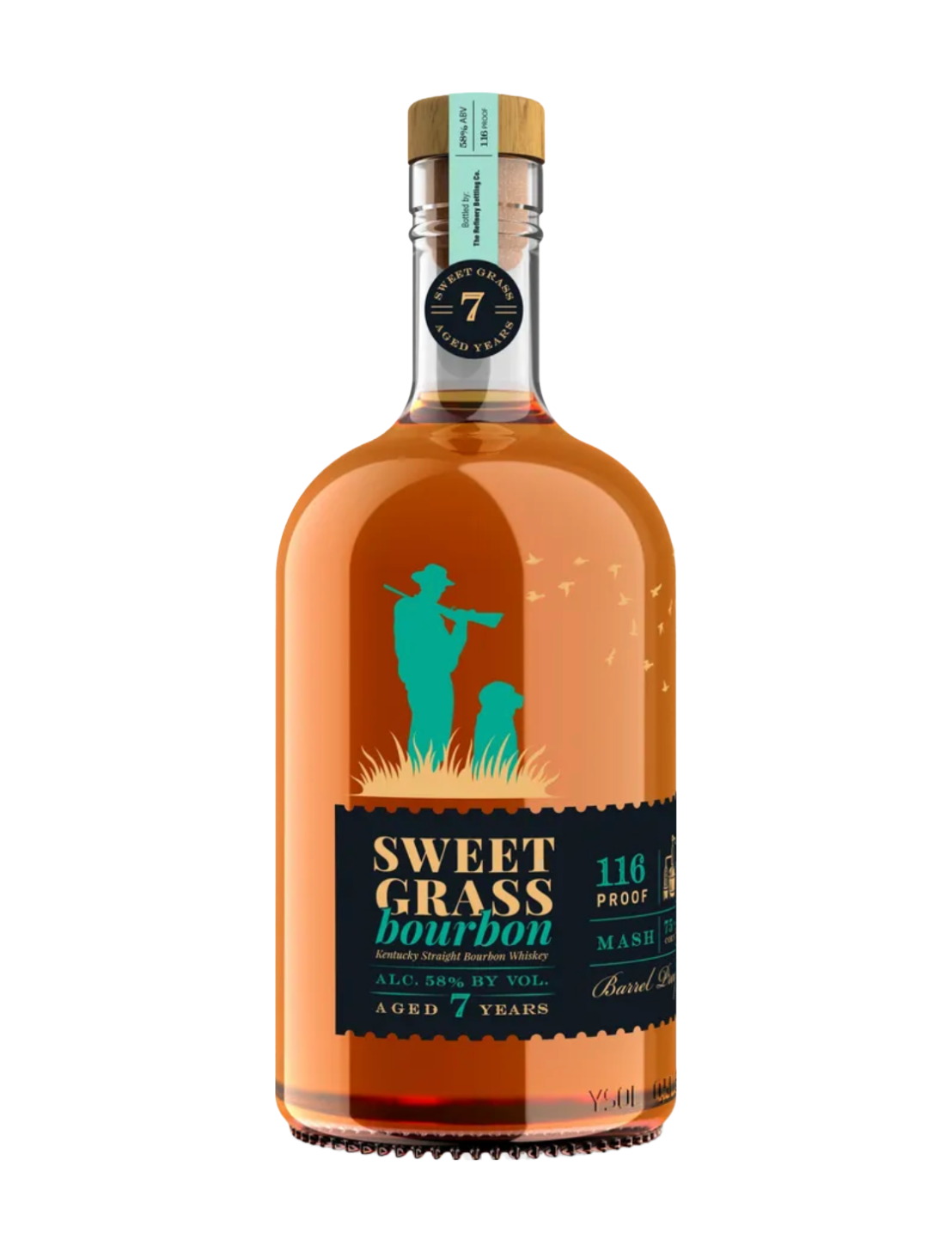 An elegant bottle of Sweet Grass Straight Bourbon in front of a plain white background