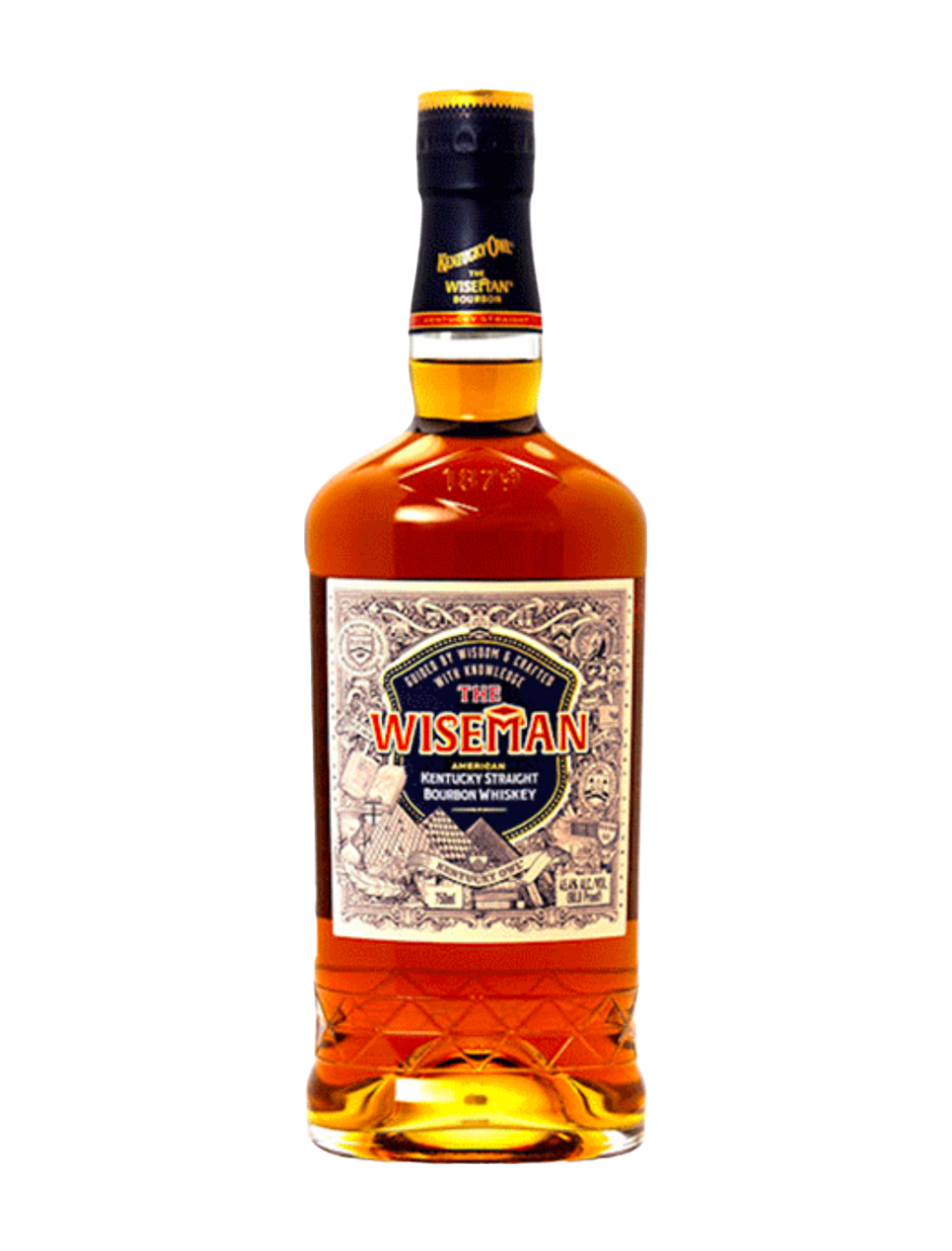 An elegant bottle of The Kentucky Owl The Wiseman Kentucky Straight Bourbon Whiskey in front of a plain white background