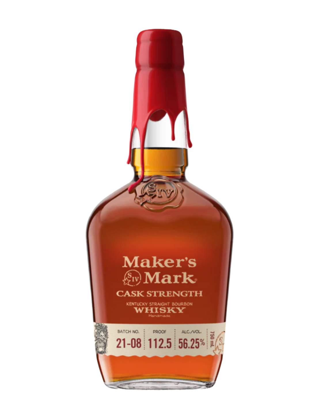 An elegant bottle of Maker's Mark Cask Strength Kentucky Straight Bourbon in front of a plain white background