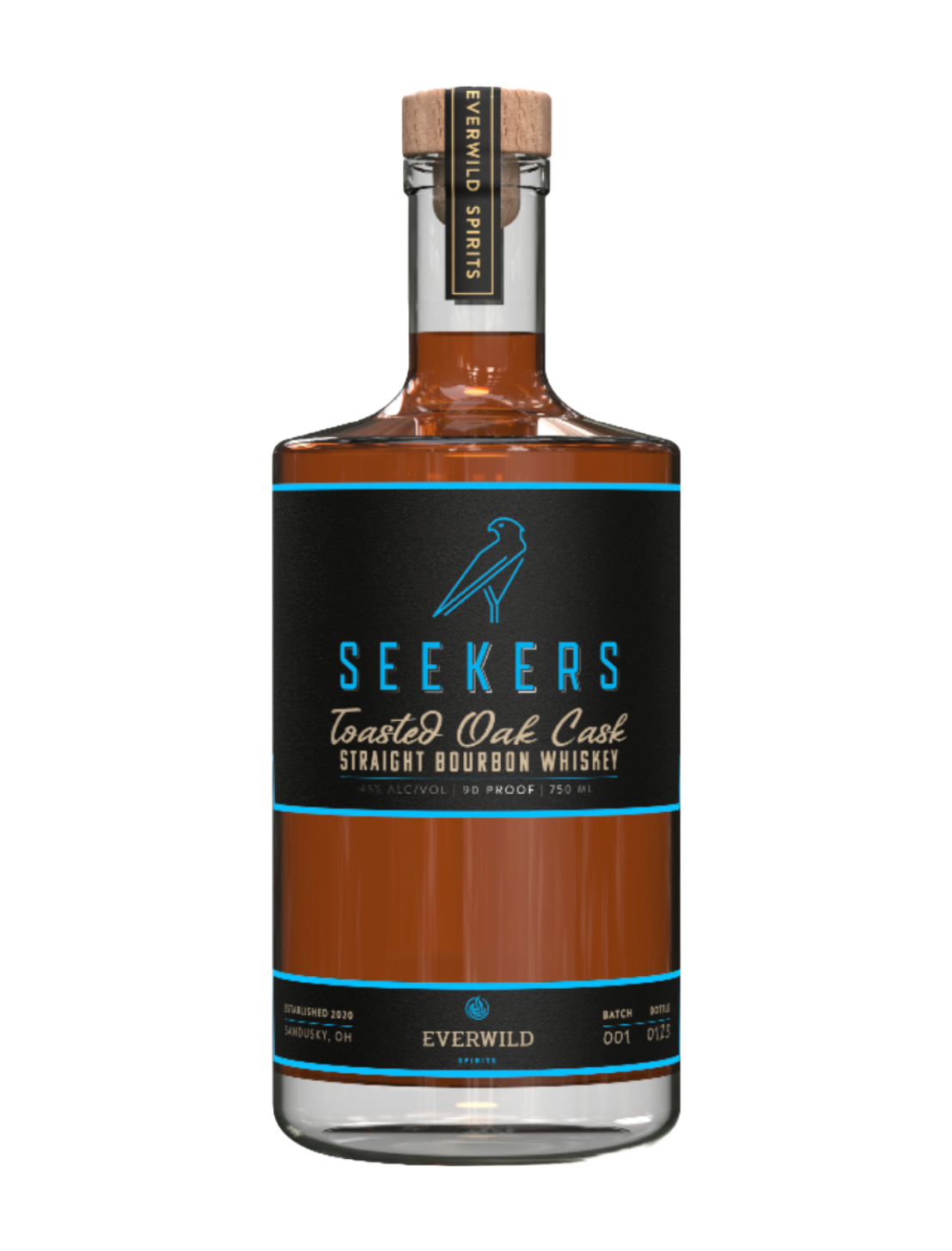 An elegant bottle of Everwild Seekers Toasted Oak Cask Finished Bourbon in front of a plain white background