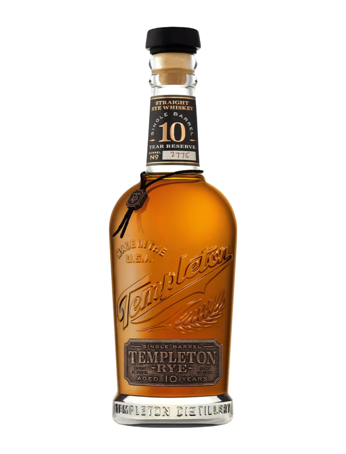 An elegant bottle of Templeton 10 Year Rye Whiskey in front of a plain white background