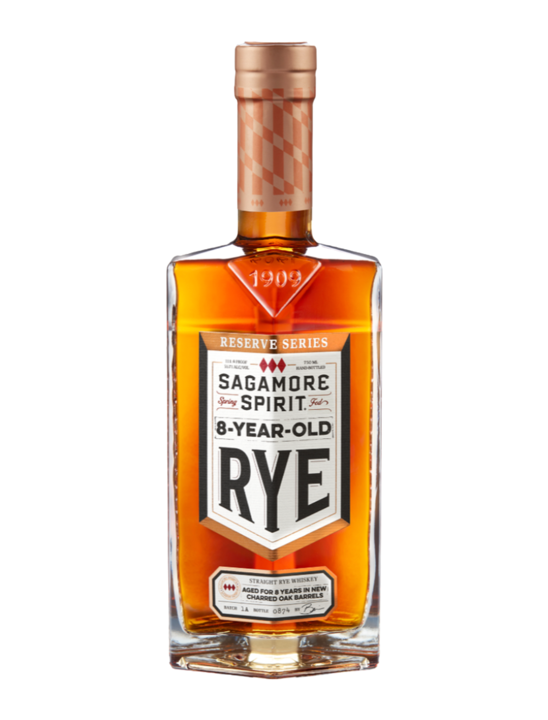 An elegant bottle of Sagamore Spirit 8 Year Rye in front of a plain white background