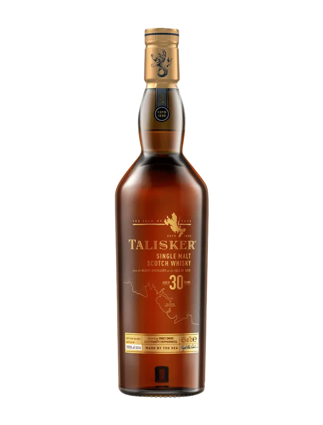 An elegant bottle of Talisker 30 Year Old Single Malt Scotch in front of a plain white background