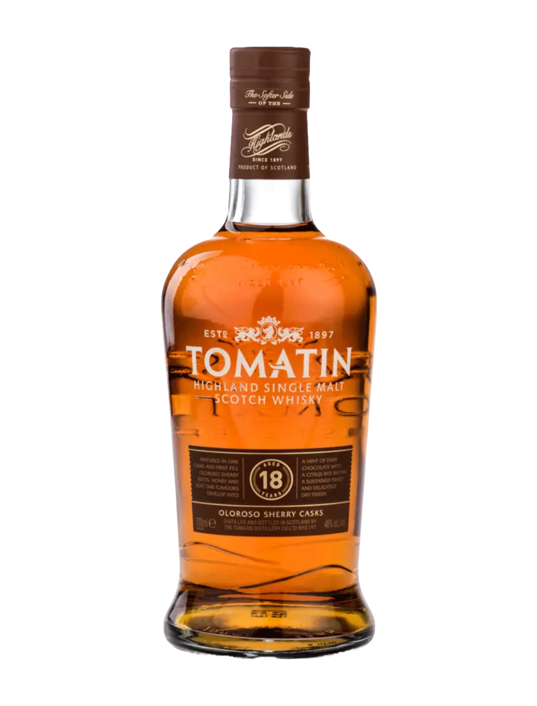 An elegant bottle of Tomatin Highland Single Malt 36 Year Old in front of a plain white background