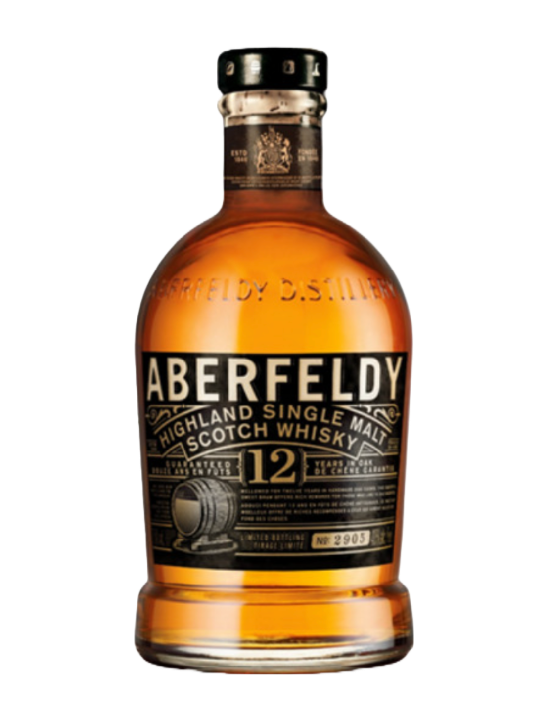 An elegant bottle of Aberfeldy 12-Year-Old Single Malt Scotch Whisky in front of a plain white background
