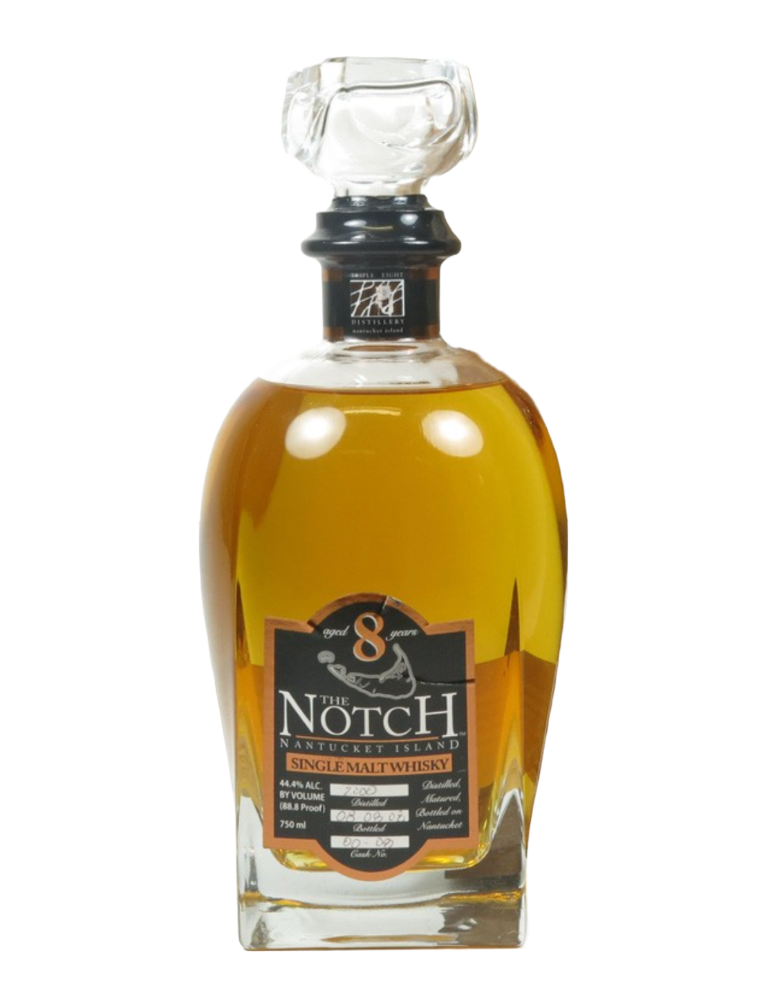Elegant bottle of Triple 8 The Notch Nantucket Whisky in front of a plain white background