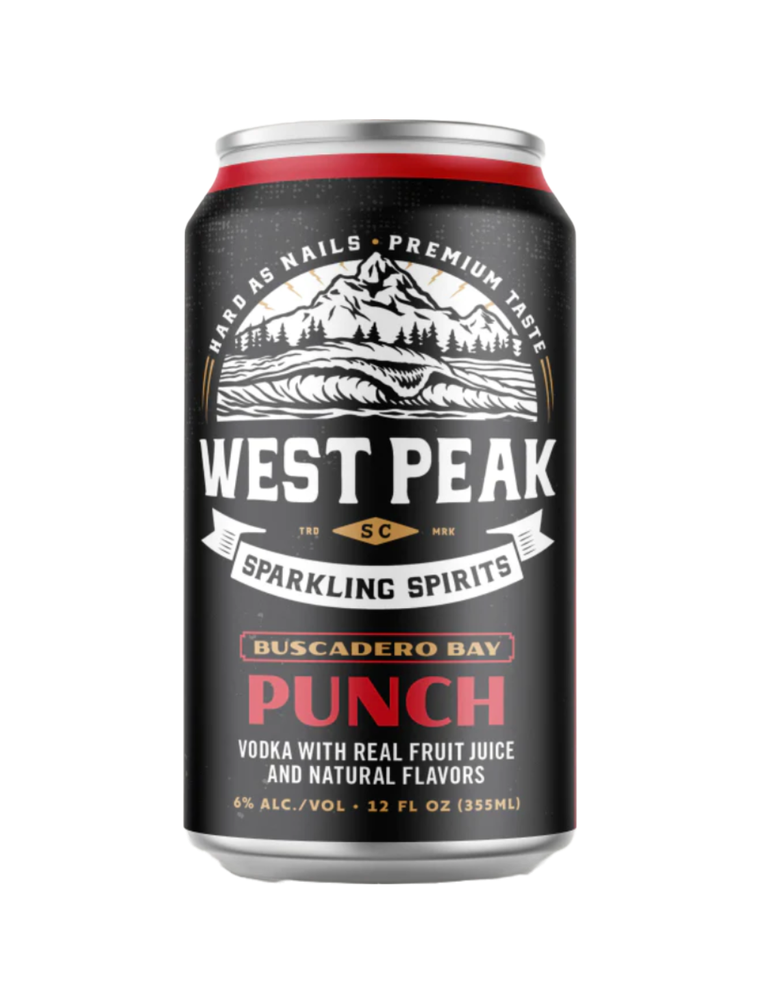A black can of West Peak Sparkling Spirits Buscadero Bay Punch in front of a plain white background