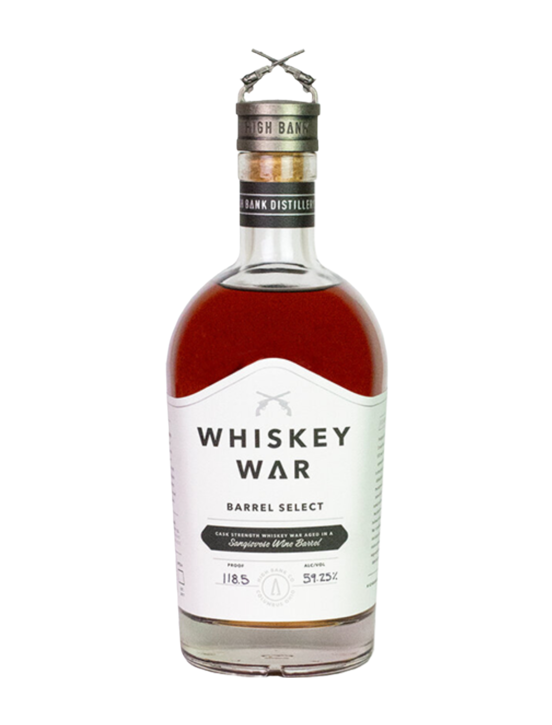 A fancy bottle of Whiskey War Barrel Select in front of a plain white background