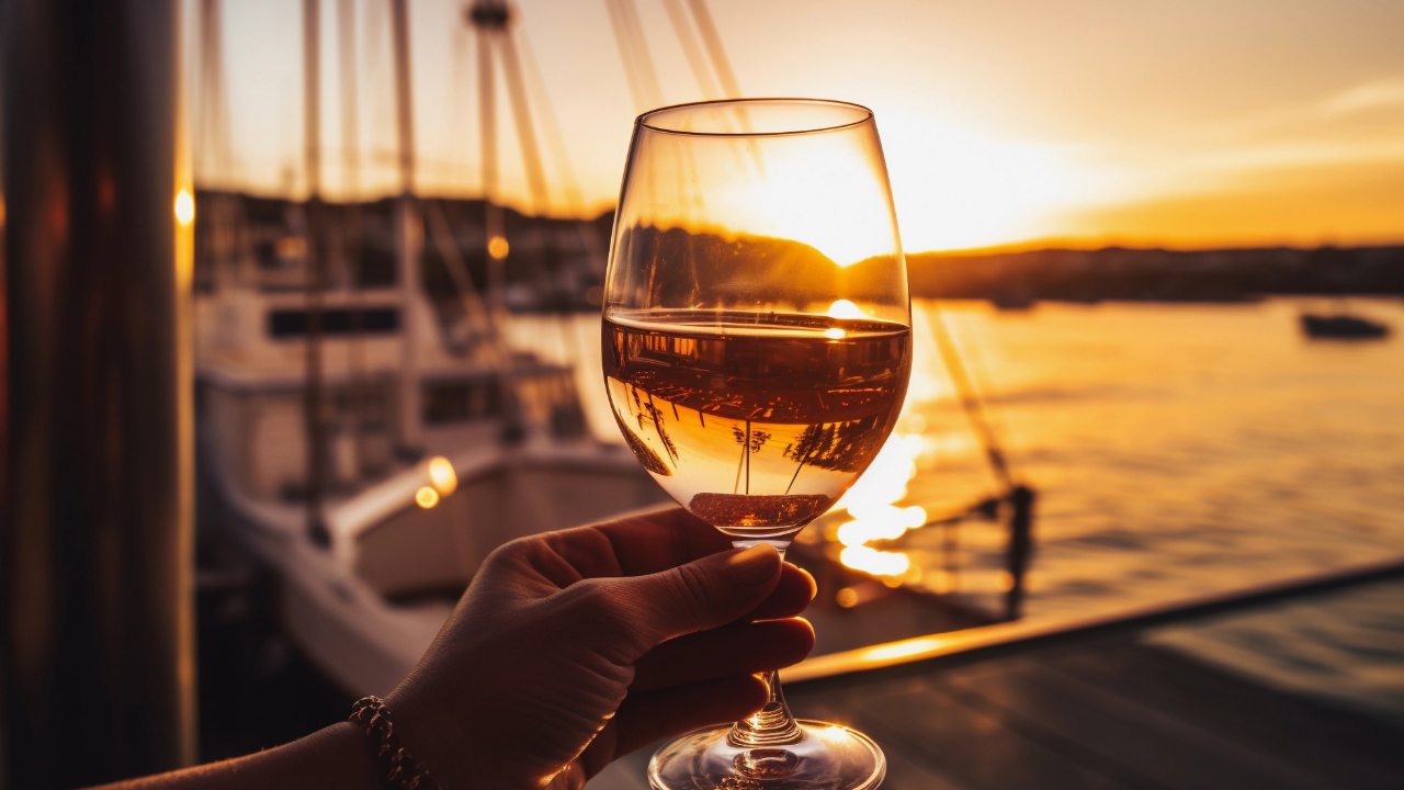 A close up of a glass of premium white wine being swirled on a boat overlooking the sea