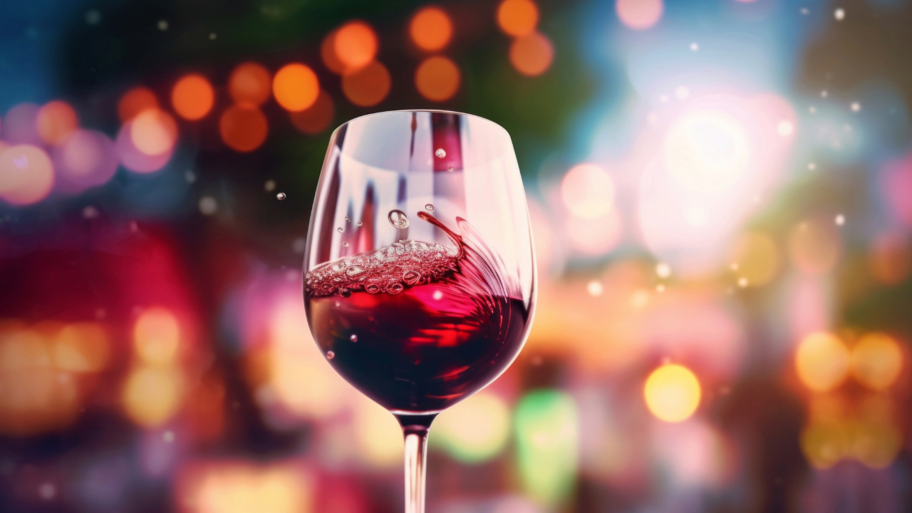 A close up of a glass of swirling red wine in front of a bokeh background