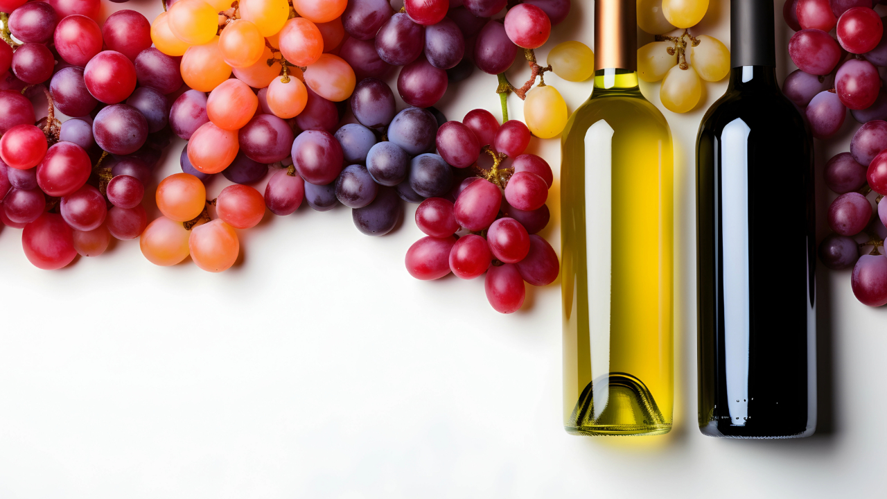 A bottle of red wine and a bottle of white wine surrounded by different types of grapes