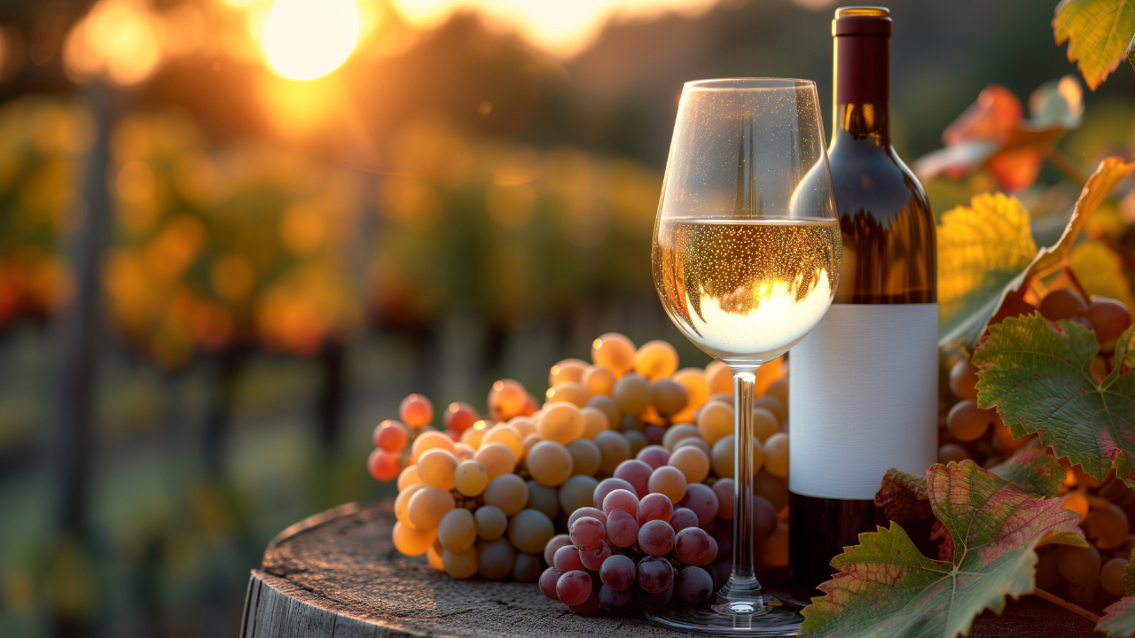 A closeup shot of a glass and bottle of white wine and grapes with a vineyard in the background