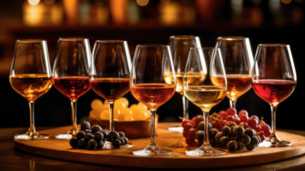 8 glasses of different colored wines with grapes