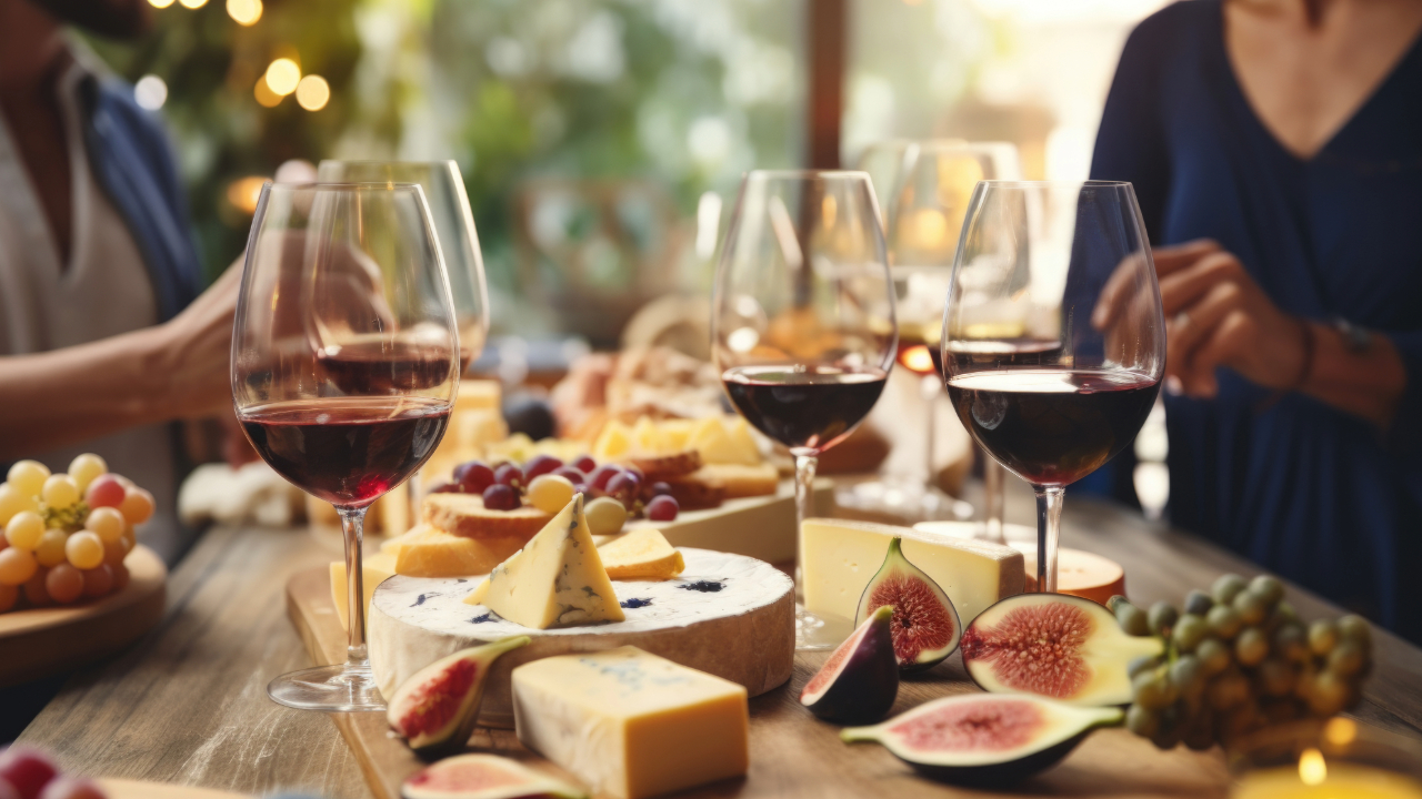 A table filled with wine, cheese, and fruit. A mixture of wines that fit the flavor profiles of food.
