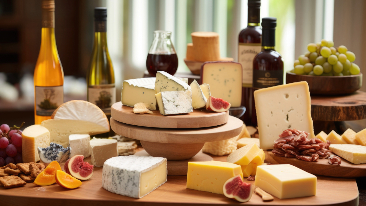 A table filled with wine and cheeses that pair with them
