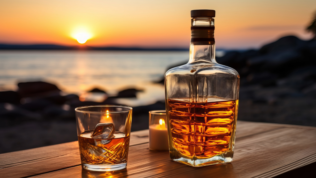 A bottle and glass of Swedish whisky by a candle on the beach