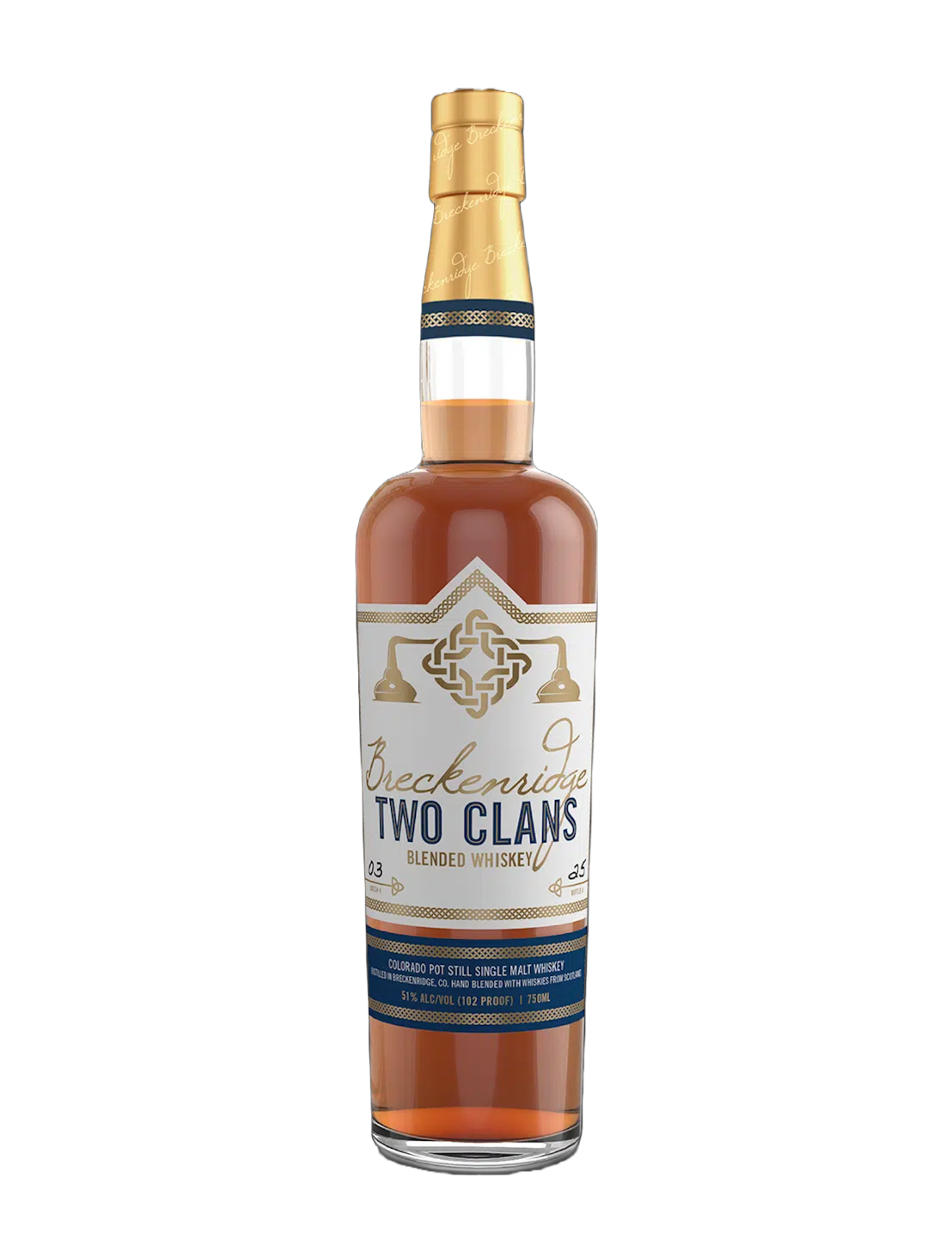 An elegant bottle of Breckenridge two clans blended whiskey behind a plain white background