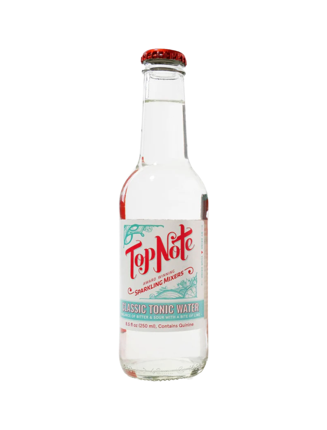 A bottle of top note tonic classic tonic water behind a plain white background